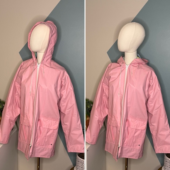 Vtg 90s Misty Harbor Pink PVC Rain Slicker Plaid Lined Hooded M Coastal Preppy - Picture 2 of 14
